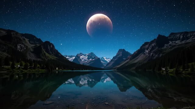 Majestic blood moon during a total lunar eclipse over a tranquil mountain lake with starry night sky reflections.