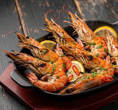 Delicious Grilled Shrimp with Lemon Slices in a Skillet