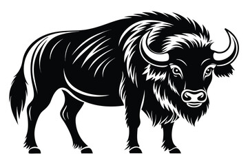 Majestic bison displays its powerful physique and curved horns in monochrome simplicity
