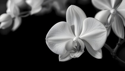 Close-up of a white orchid in monochrome against a black background