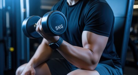 Man Performing Bicep Curls with Dumbbell at Gym, Fitness Training for Upper Body Strength and Muscle Building