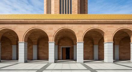 Fototapeta premium Elegant Architecture Featuring Arches and Columns in a Grand Building Exterior with Stone and Clear Sky