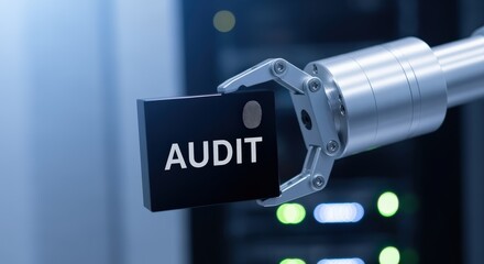 Robotic Arm Holding Audit Storage Device in Server Room for Data Examination and Compliance