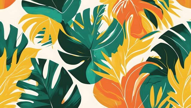 Fototapeta Vibrant Tropical Leaf Pattern, a Seamless Exotic Botanical Design Featuring Bold Colors and Organic Shapes for a Lush and Lively Aesthetic