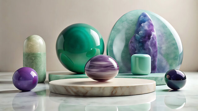 Smooth gemstone display with polished jade amethyst and crystal stones on elegant dark surface - Powered by Adobe