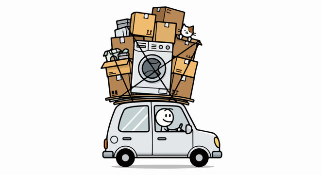 Stick figure driving a small car overloaded with moving boxes, a washing machine, and a cat.