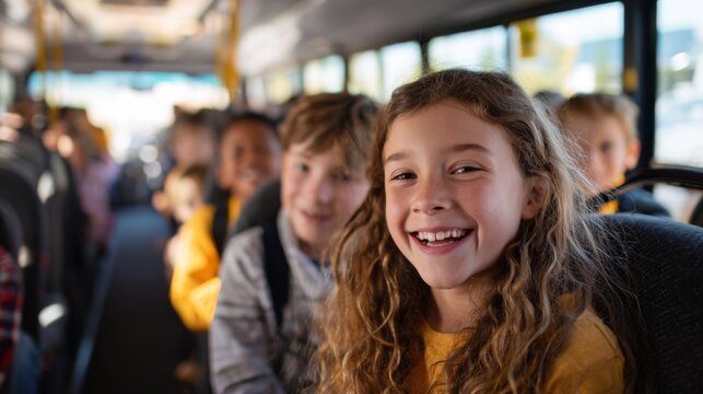 Happy children smiling while riding on a school bus