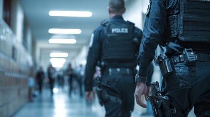 Police officers walking through school hallway during emergency response, banner with copy space