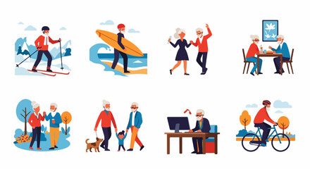 Active senior lifestyle illustration set: elderly people skiing, surfing, dancing, cycling, and working.