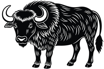 Isolated furry black bull stands peacefully against a plain white backdrop in simple art