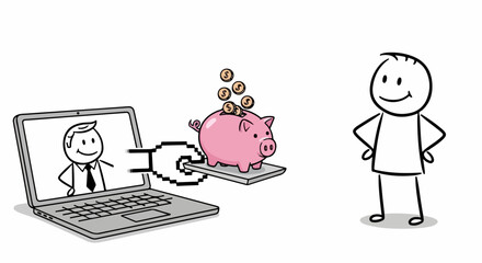 Cartoon stick figure watches a digital hand from a laptop present a piggy bank with dollar coins.