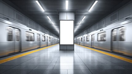 Fototapeta premium Modern Subway Station with Blank Billboard Mockup Display Ready for Advertising and Train Motion Blur