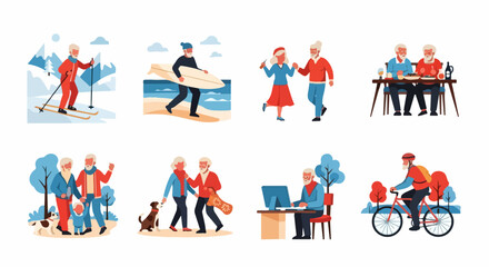 Collection of active senior characters enjoying various lifestyle hobbies. Flat vector illustration set of elderly people skiing, surfing, dancing, and cycling.