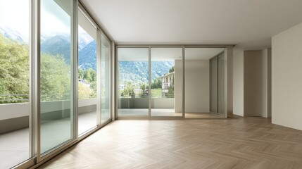 Fototapeta premium Modern Apartment Interior with Large Windows and Mountain View, Sunny Luxury Home Design