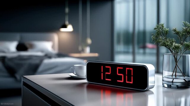 Modern digital clock on a bedside table in a stylish bedroom