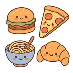 Delicious Delight: An illustration presents a hamburger, pizza, pasta, and croissant with cheerful and friendly faces, perfect for food and design