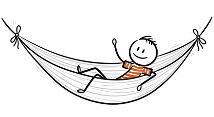 Smiling stick figure in an orange striped shirt relaxing and waving from a hammock.