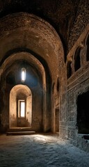 Fototapeta premium Ancient stone hall, sunlit archway