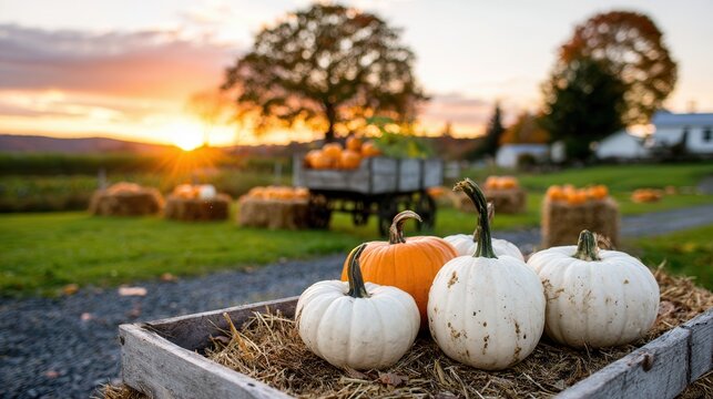 Autumn sunset pumpkin patch landscape with hay bales - Powered by Adobe