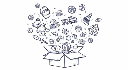 Hand-drawn sketch of various children's toys exploding from an open cardboard box, including a teddy bear and train.