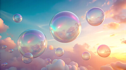 Translucent soap bubbles drifting gently in the sky with rainbow light reflections