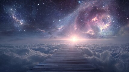 Fototapeta premium Celestial Pathway Above Clouds: A Dreamlike Journey to the Stars, Universe, and Beyond Horizon