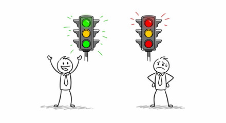 Doodle of happy and sad businessmen reacting to green and red traffic light signals.