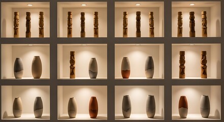 Arrangement of wooden sculptures and modern vases displayed in illuminated shelving units