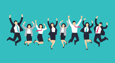 Diverse team of faceless business people in suits jumping with arms raised in celebration.