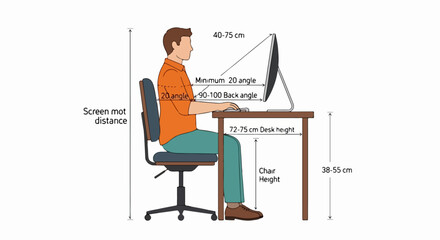 Informative diagram of correct ergonomic sitting posture with measurements for desk, chair, and screen.