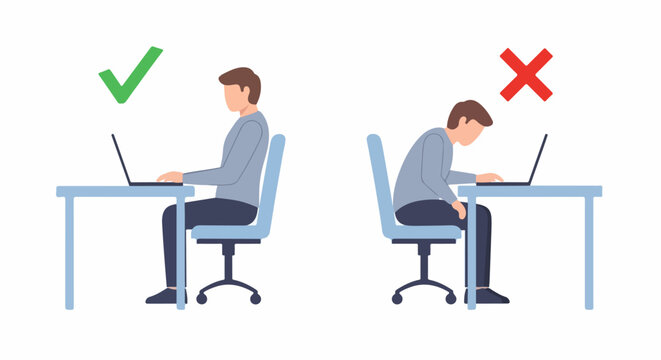 Illustration comparing correct and incorrect sitting posture of a man at a desk with a laptop, showing right and wrong positions for back health.