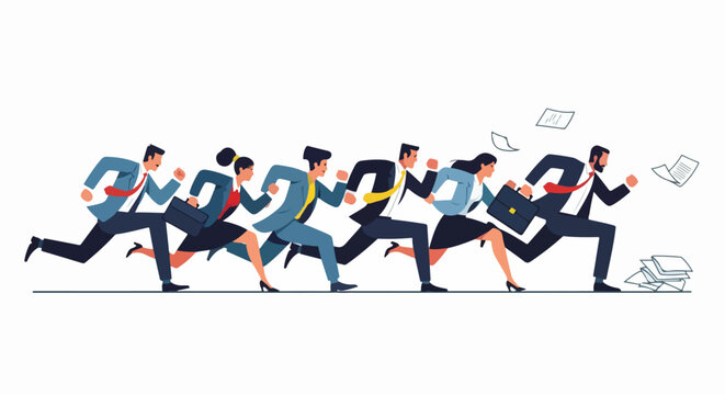 Diverse group of determined business people in suits running energetically in a line. - Powered by Adobe