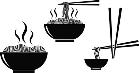 Noodle bowl silhouette set, chopsticks lifting noodles, steaming hot food, Asian cuisine icon, black and white vector illustration