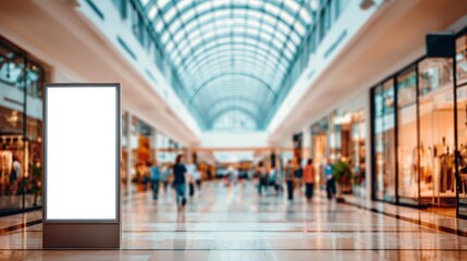 Blank Advertisement Billboard Inside Modern Shopping Mall With Blurred People Walking By, Ready for Customization