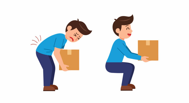 Man demonstrating correct vs. incorrect lifting posture, showing safe squatting and unsafe bending causing back pain.