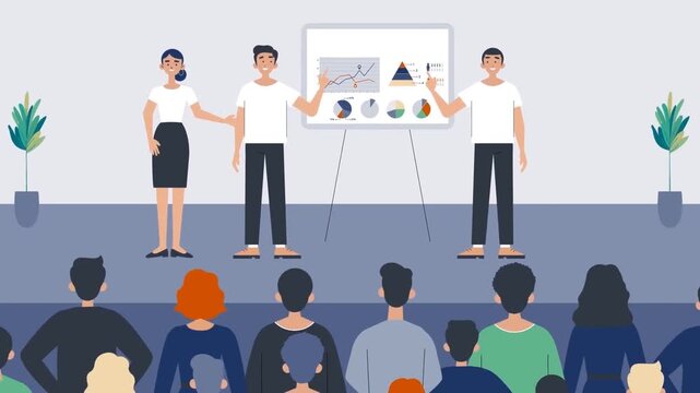  Business presentation with speaker showing charts to audience