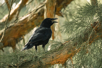Corbeau noir observant depuis une branche de conifère