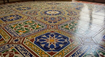 Historic Floor of Ornate Moorish Tiles with Vibrant Geometric and Floral Designs