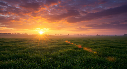Sunrise over Verdant Meadow — Golden Light and Misty Horizon