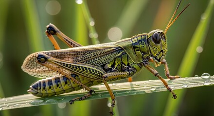 Macro shot of a green grasshopper resting on a blade of grass