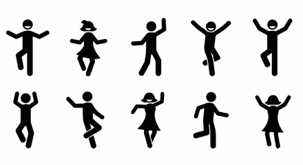Set of black stick figure icons showing happy people dancing and celebrating joyfully.