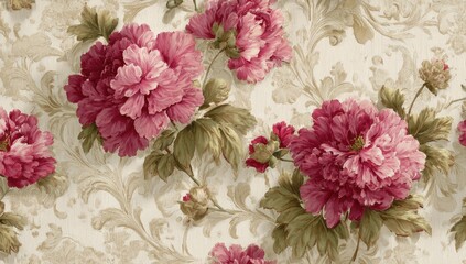 Floral wallpaper with large pink peony flowers on a cream background