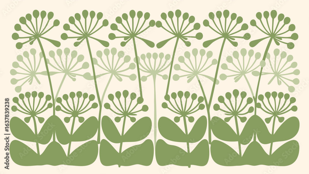 Poster repeating pattern of stylized green dill flowers with leaves on a cream colored background image vie