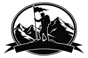 Silhouette climber achieves mountain peak victory, holding a flag, within a circular logo