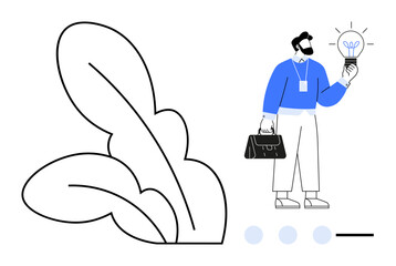 Businessman with briefcase holding glowing lightbulb near abstract black-and-white leaves. Ideal for innovation, business, leadership, sustainability, creativity, growth, and eco-friendly concepts