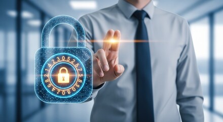 Data Protection: Businessman Activating Security Lock Interface for Privacy and Confidentiality with Modern Technology