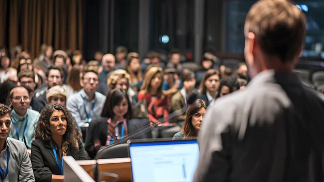 Rear waist-level view of a speaker at a podium with laptop, blurred audience in dim amphitheater.