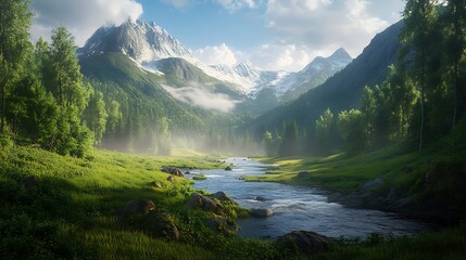 River Flowing Through a Green Mountain Valley Landscape