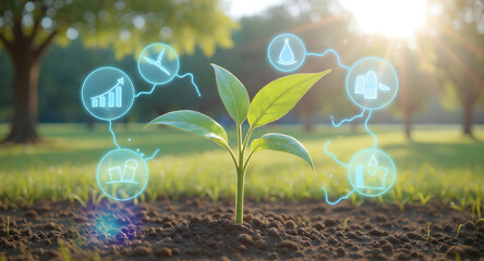 Young plants growing in sunlight alongside increasing graph for eco growth