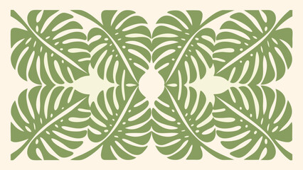 Symmetrical arrangement of monstera leaves in a repeating pattern on a light background creating a design 100